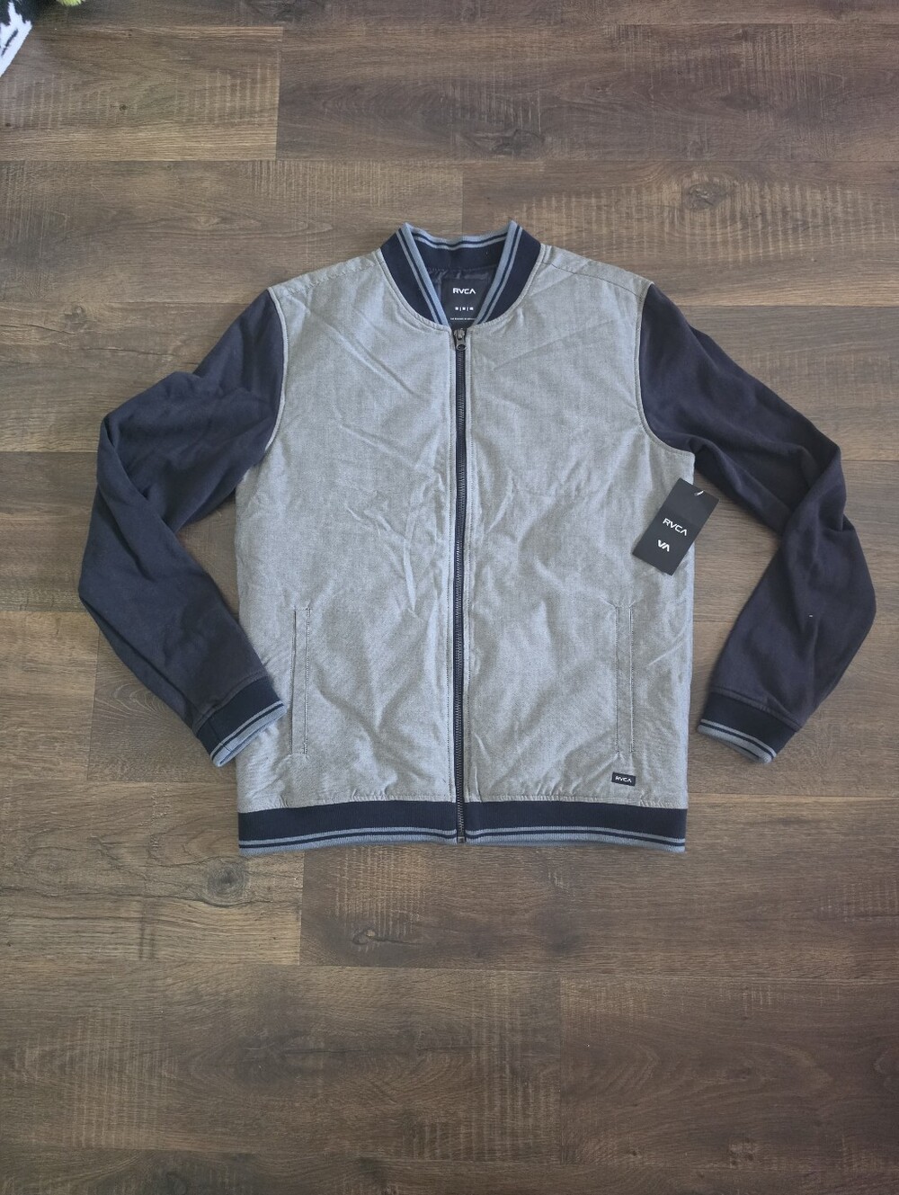 RVCA Oxford Bomber Jacket Gray Body with Navy Trim Zip-Up Jacket